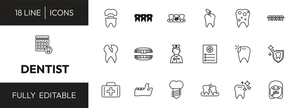 dentist outline icon set. molar crown, brackets, bicuspid, dental appointment and more. linear vector collection. editable stroke