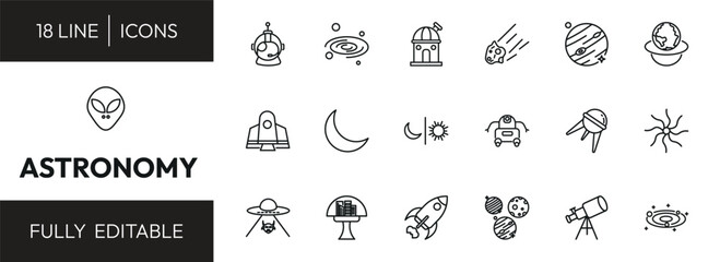 astronomy outline icon set. astranaut helmet, milky way, jupiter with satellite, extraterrestrial and more. linear vector collection. editable stroke © Design_Farm