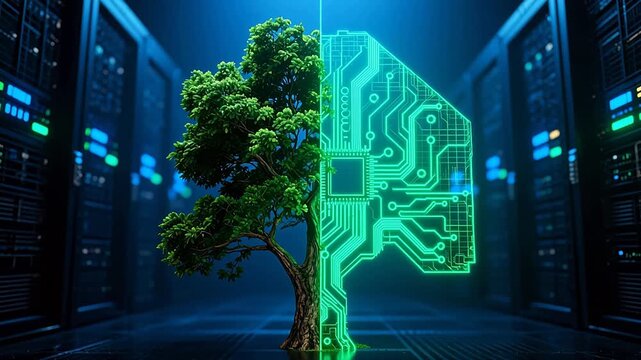 Half tree half circuit board in server room