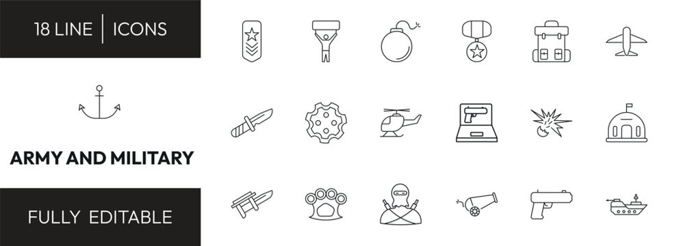 army and military outline icon set. shoulder strap, revolt, army backpack, anchor and more. linear vector collection. editable stroke