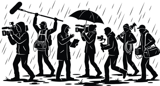 Film crew working in heavy rain during outdoor shoot