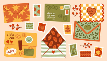 A sweet collection of autumn-themed envelopes, letters, and postage stamps patterned with pumpkins, fall leaves, stars, and hearts. Ideal for snail mail and scrapbooking © spirka.art