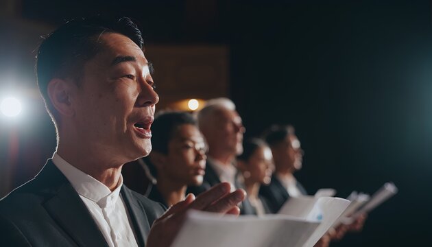 舞台で真剣に歌う男声合唱団のクローズアップ