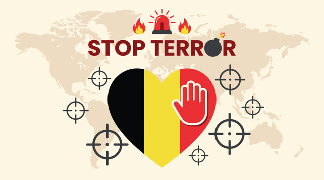 A bold stop terror graphic design featuring the Belgian flag heart shape with a raised palm stop gesture and emergency siren icon in a flat vector style minimalist artistic illustration.