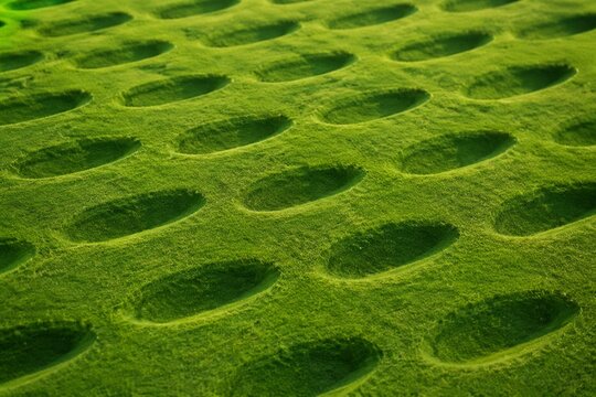 Aerial view of repeating elliptical indentations pattern on lush green grass.