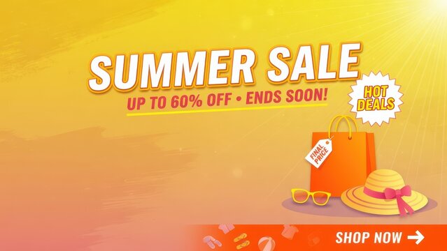 A vibrant yellow orange promotional banner celebrates a seasonal shopping event with a paper bag brimmed hat and eyewear showcasing hot deals and significant price reductions for eager customers