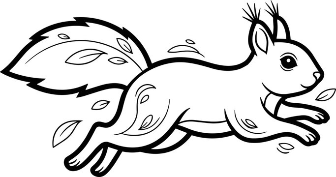Cute cartoon squirrel running with falling leaves, black and white outline illustration