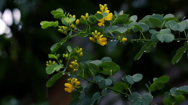 Vibrant yellow senna flowers blooming on branches with green leaves during light rainfall