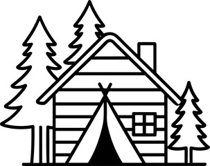 Rustic cabin and teepee illustration with pine trees, black and white line art © Brian