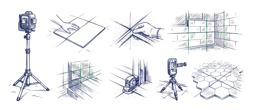 Laser level tiling construction sketch icons showing floor tile installation process, measuring, wall alignment with laser lines and hand drawings for DIY renovation manuals and technical guides pack.