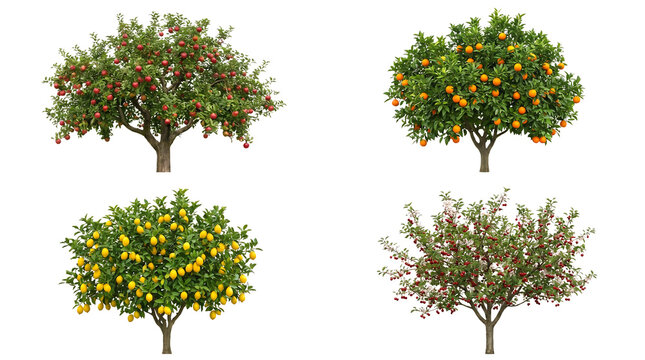 Set of apple, orange, lemon and cherry trees on transparent background