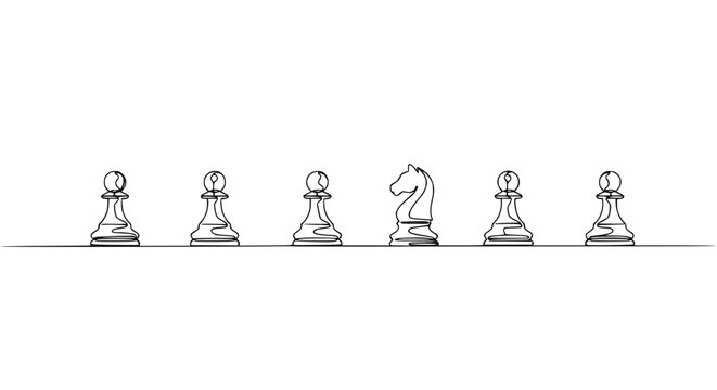 Chess Pawns and Knight Line Drawing, Strategy and Game Concept, Minimalist White Background