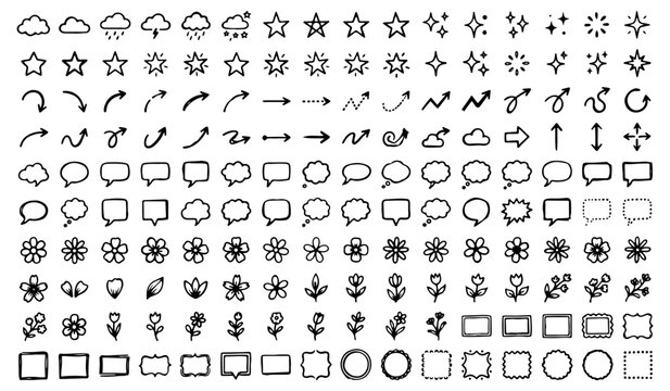 Set of hand-drawn vector doodles including speech bubbles stars arrows clouds and flowers for design with black and white bullet points elements decoration illustration collection