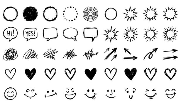 Hand drawn sketch elements set including speech bubbles arrows hearts and smileys with handdrawn elements graphics collection scribble doodling illustration creative decorative