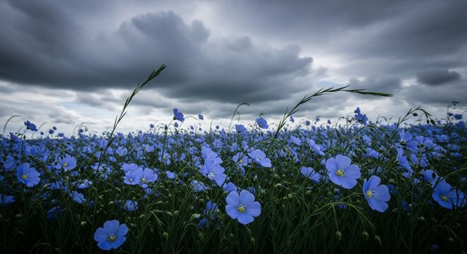 Dramatic storm clouds over a blooming field of blue flax flowers
