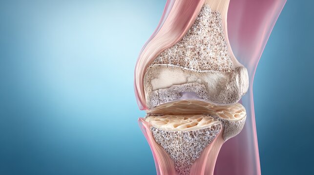 3D Medical Anatomical Illustration of Osteoarthritis Demonstrating Articular Cartilage Degeneration, Joint Inflammation, Bone Spurs and Synovial Damage Inside Human Knee Joint, Orthopedic Visual 