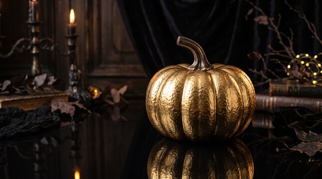 Golden halloween pumpkin still life dark moody autumn decor