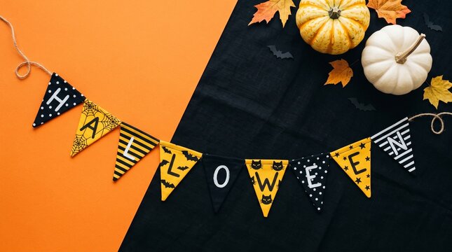 Festive halloween banner with pumpkins and autumn leaves holiday decoration