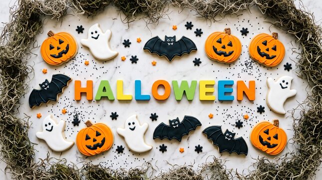 Festive halloween cookies and letterboard spooky treats for october 31st