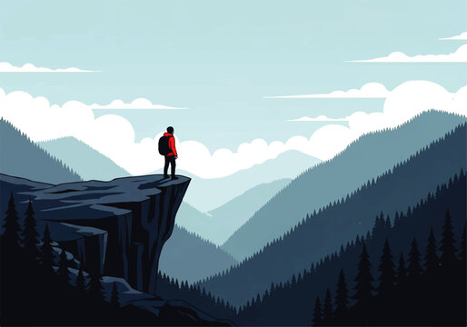 Vector flat design illustration of a lone hiker standing on a cliff edge overlooking a vast mountain landscape at dawn