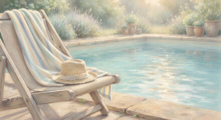 Fototapeta premium A sun lounger by the pool with a hat and towels: the perfect summer vacation at dawn, with a space to copy