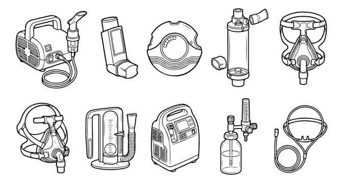 Respiratory therapy equipment icons set, medical nebulizer and oxygen concentrator line art, asthma inhaler and breathing mask vector illustrations