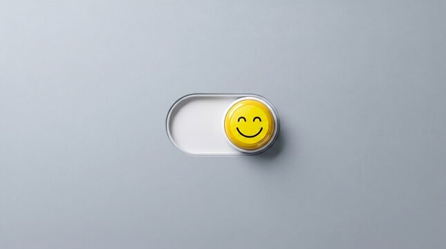 Happy Mood Switch: A close-up shot shows a toggle switch in the on position, displaying a bright yellow smiley face icon, symbolizing happiness and positive emotion.
