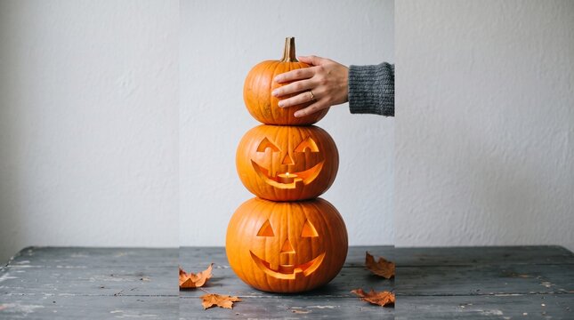 Stacked carved pumpkins for halloween festive autumn decoration and seasonal display