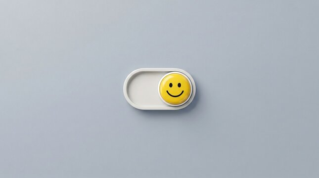 Toggle to Happiness: A simple switch with a smiling emoji, representing the ease of turning on happiness and positive emotions, set against a calm, muted background.