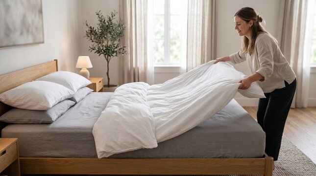 Woman tidies bed for a fresh start to day