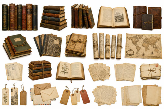 Antique leather books and vintage paper scrolls set with old maps and letters on white background