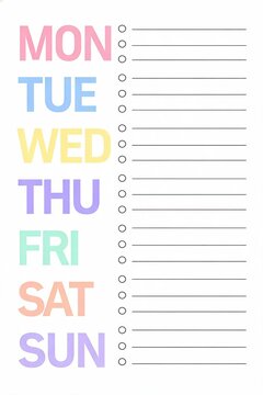 Weekly planner template with colorful weekdays and checklist layout on white background minimal printable schedule organizer for productivity planning and time management