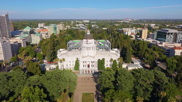 View shows the west side of California State Capitol in Sacramento with the new annex construction to the east.