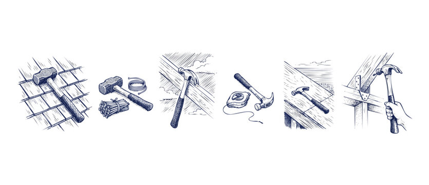 Carpentry hammer tools sketch set showing roofing construction, building wooden frame trusses, nails, chalk line, hand holding mallet, vintage engraving style drawings isolated on white background.