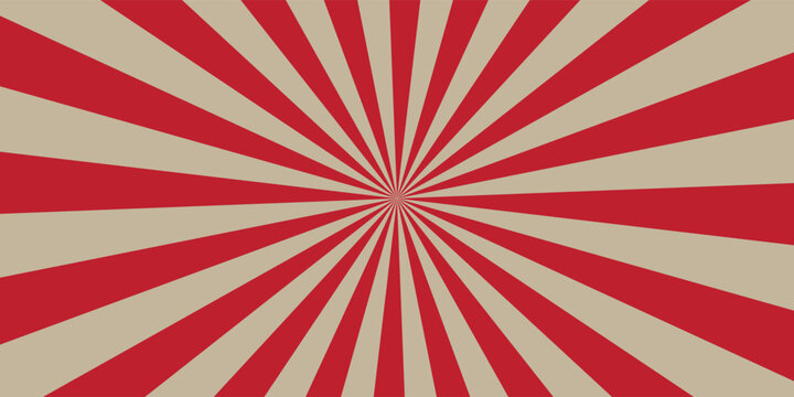 Retro comic book background with red and beige sunburst rays. Vintage circus radial stripe pattern design vector illustration graphic asset.
