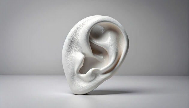 3D Illustration of a White Human Ear Model on a Minimalist Grey Studio Background