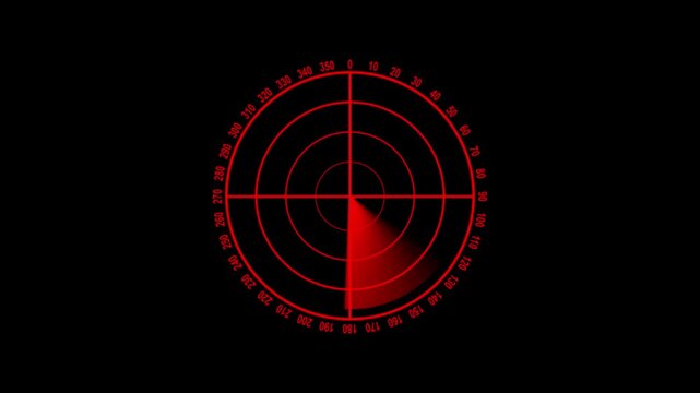 Radar screen with red crosshairs and a sweeping red light sector on a black background display technology