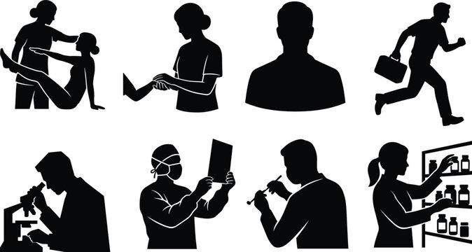 Medical and healthcare vector silhouette set featuring doctor surgeon pharmacist laboratory researcher and physical therapist