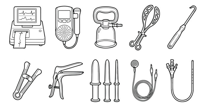 Obstetrics and gynecology medical equipment icons, 10 professional surgical instruments and fetal monitoring tools, black and white vector set