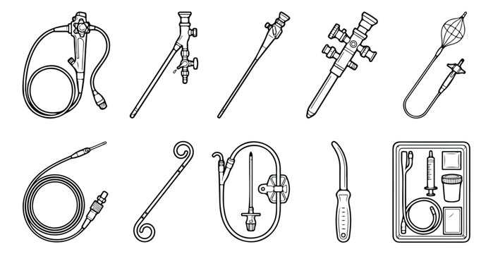 Endoscopic surgical instruments set, 10 medical urology and laparoscopy equipment icons, professional surgical tools vector illustration