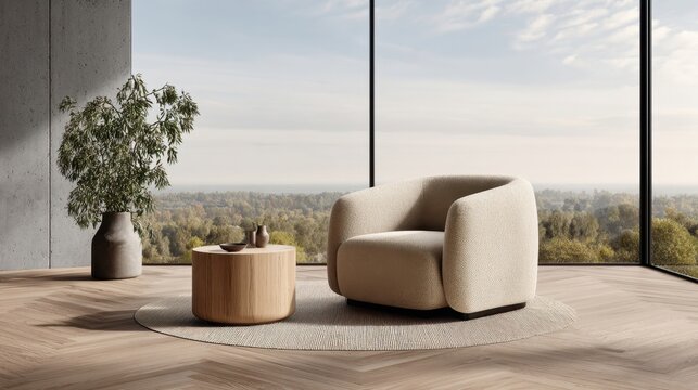 Modern armchair and side table in a minimalist living room with large windows overlooking nature.