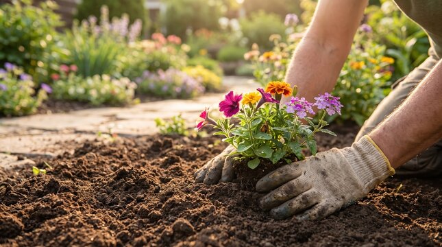 Gardener planting vibrant flowers in sunny garden