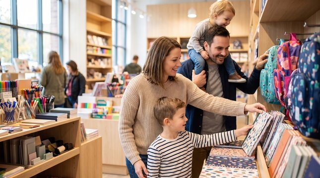 Joyful family selects new books at a shop
