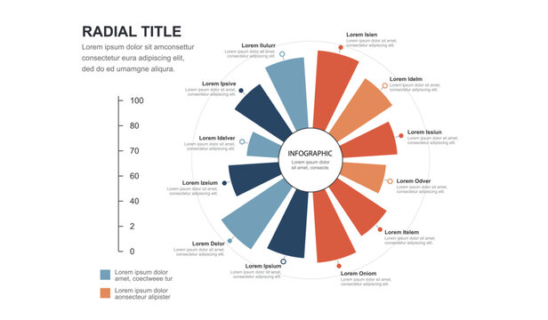 Multi segment radial polar chart business infographic diagram template with a central circle node and extended colorful mathematical data wings
