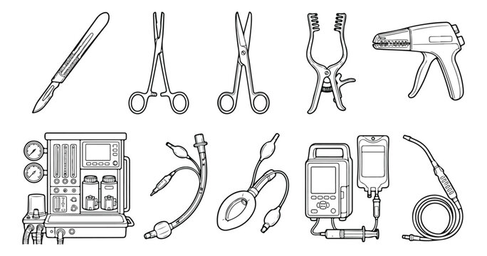 Surgical equipment and medical instruments vector set, professional hospital operating room tools, anesthesia machine and surgery icons