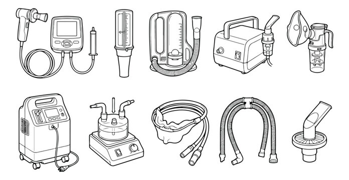 Medical respiratory equipment line icons, professional nebulizer and oxygen concentrator vector set, 10 breathing therapy device illustrations
