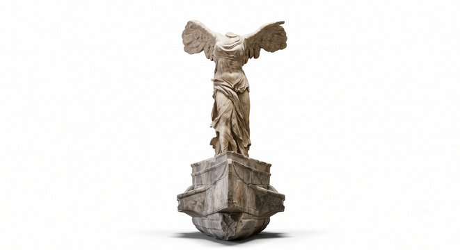 Winged Victory of Samothrace Ancient Greek Marble Sculpture Isolated on White Background