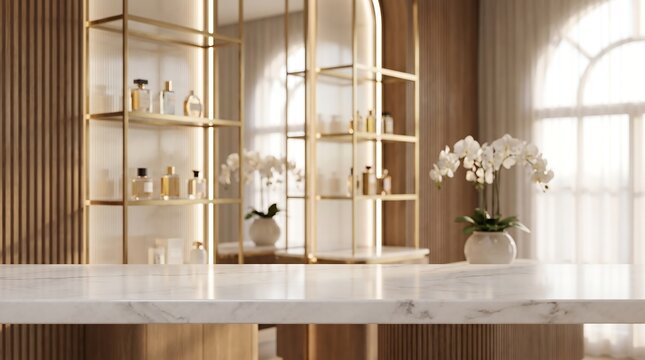 Empty Marble Tabletop in Luxury Boutique Interior Background for Product Placement and Displaying Beauty Cosmetics Items