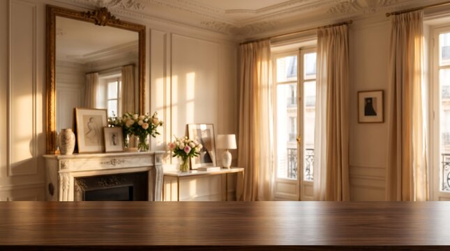 Empty dark wood tabletop for product display with blurred luxury Parisian living room interior background and sunlight.