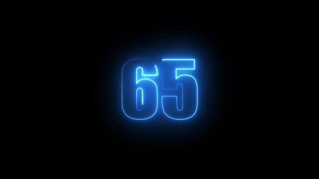 Abstract glowing neon text 65 number countdown icon. Glowing sign on black background Neon number 65 with alpha channel, simple blue neon color. Seamless loop style animation